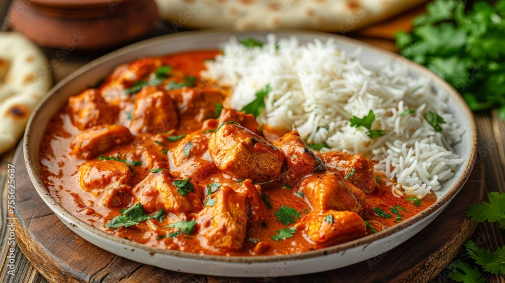 Authentic Chicken Tikka Masala Served with Basmati Rice and Naan Bread on Wooden Table, Traditional Indian Cuisine Concept