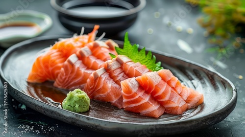 Fresh Sashimi Slices of Salmon with Wasabi and Soy Sauce on Dark Stone Background in Traditional Japanese Cuisine Style