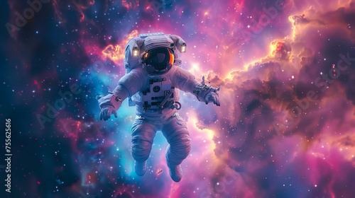 In an endless expanse of purple and pink nebula, an astronaut floats calmly, giving a sense of serenity and exploration in the cosmos