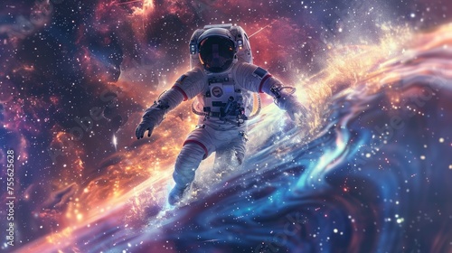 Cosmic astronaut deftly carving a path through waves amidst a star-filled galaxy, symbolizing innovation