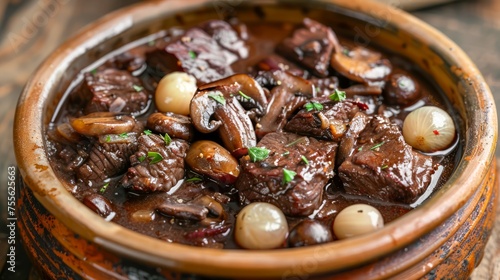 Hearty Traditional Beef Stew with Mushrooms and Pearl Onions in Rustic Clay Bowl on Wooden Background