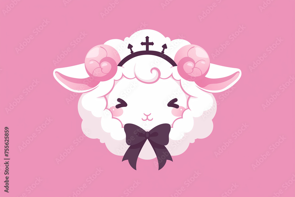 Kawaii Cute Lamb with Gold Crown and Black Bow, on Pink Background Kawaii Cute Lamb with Gold Crown and Black Bow, on Pink Background