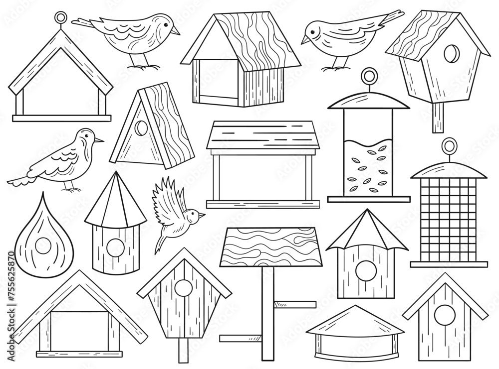 Black-and-white birdhouse and birds outline design, wooden hanging wintering feeders isolated set
