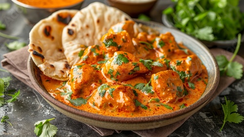 Delicious Homemade Butter Chicken with Fresh Coriander and Naan Bread on Rustic Kitchen Table Cuisine