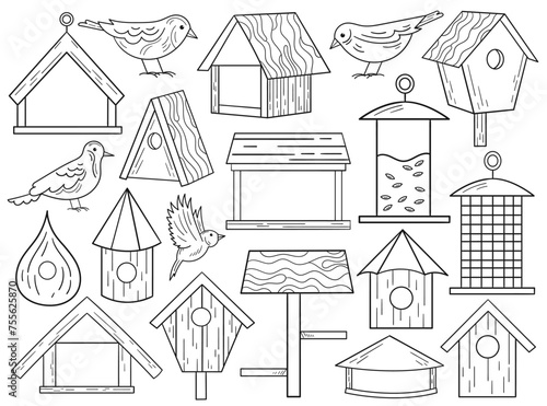 Black-and-white birdhouse and birds outline design, wooden hanging wintering feeders isolated set