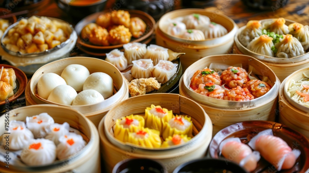Assorted Asian Dim Sum in Bamboo Steamers - Traditional Chinese Dumplings, Buns, and Rolls on Wooden Table