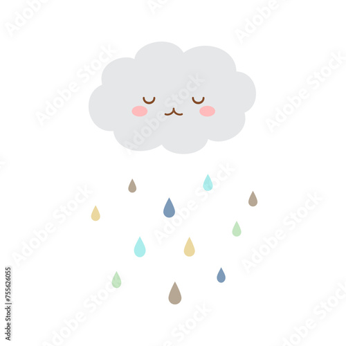 Cute cloud with raindrops isolated on white background.