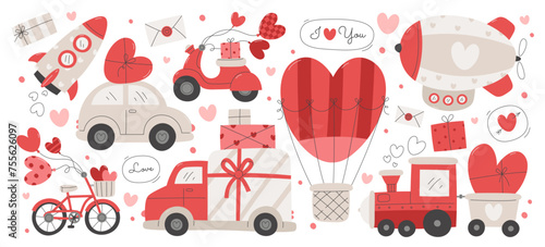 Different mode of transport delivering hearts, car, motorcycle, rocket, truck van shipping love set