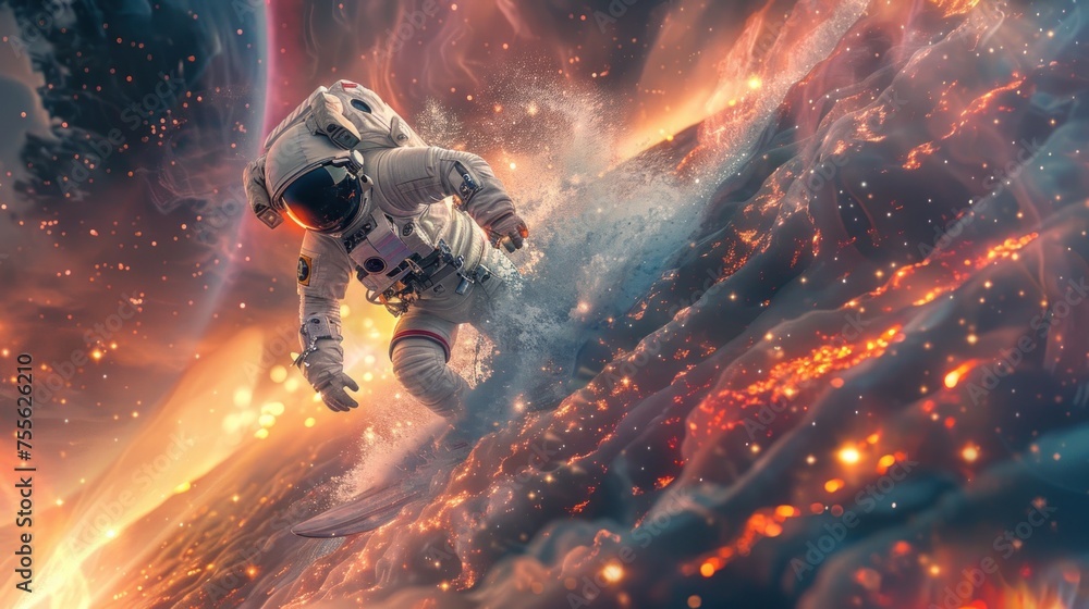 A surreal scenario of an astronaut surfing a wave made of galactic elements, stars, and dust - obrazy, fototapety, plakaty 