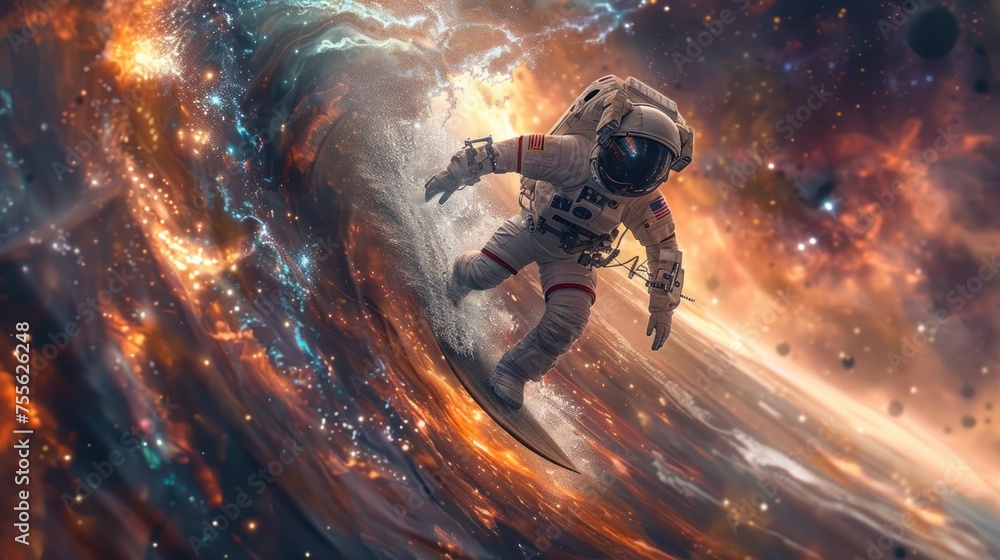 Facing a raging cosmic storm, this astronaut seems lost in abstract swirls of color and light