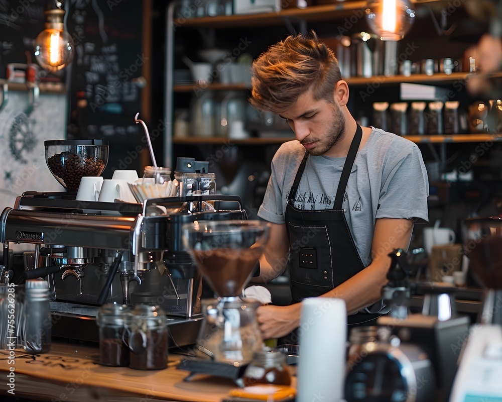 A man with a beard stands behind a coffee machine, smiling A man with a beard stands behind a coffee machine, smiling