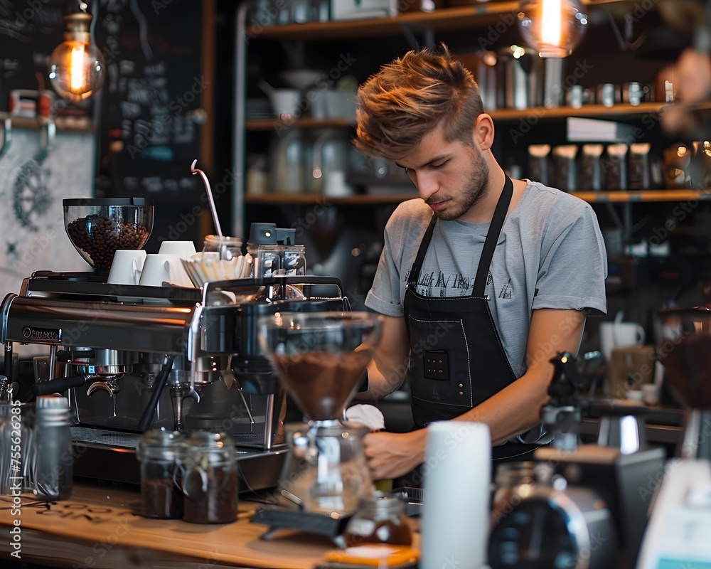 A man with a beard stands behind a coffee machine, smiling