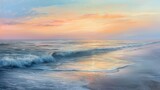 Serene Beach Sunset with Soft Waves and Pastel Skies.