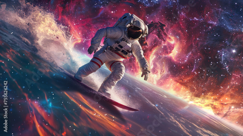 Intense depiction of an astronaut in space suit surfing amidst a vividly colored cosmic waves © Fxquadro
