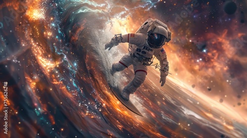 Facing a raging cosmic storm, this astronaut seems lost in abstract swirls of color and light © Fxquadro