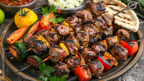 Succulent Grilled Skewers with Beef and Vegetables Served with Dips and Pita Bread on Rustic Dark Background for Gourmet Dining