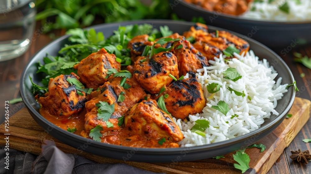Authentic Indian Chicken Tikka Masala Served with Basmati Rice and Fresh Herbs on Rustic Table Setting