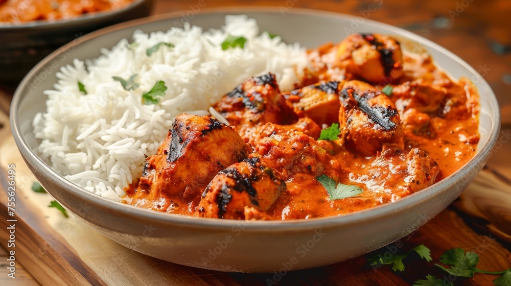 Delicious Chicken Tikka Masala with Basmati Rice Garnished with Fresh Cilantro in Bowl on Wooden Table, Authentic Indian Cuisine Concept Delicious Chicken Tikka Masala with Basmati Rice Garnished with Fresh Cilantro in Bowl on Wooden Table, Authentic Indian Cuisine Concept