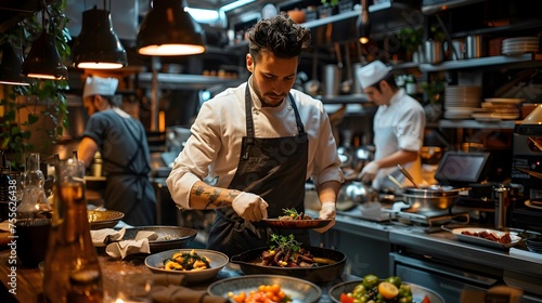 A chef is preparing food in a restaurant kitchen