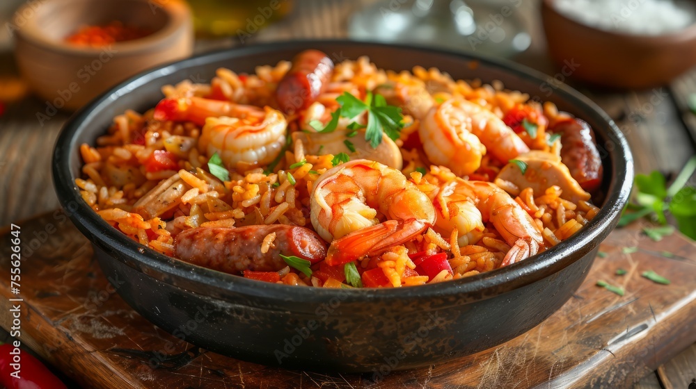 Traditional Creole Jambalaya Dish with Shrimp, Sausage, Chicken, and Rice in Rustic Setting