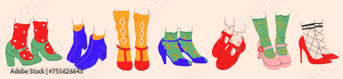 Collection of womens shoes with high heels and without.Fashion shoes with colorful socks design collection.Hand drawn vector illustration. All elements isolated.Vector EPS 10