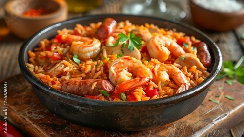 Traditional Creole Jambalaya Dish with Shrimp, Sausage, Chicken, and Rice in Rustic Setting