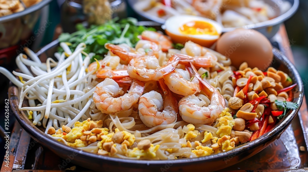 Delicious Shrimp Pad Thai on Plate with Lime, Eggs, and Bean Sprouts - Traditional Thai Street Food Cuisine Delicious Shrimp Pad Thai on Plate with Lime, Eggs, and Bean Sprouts - Traditional Thai Street Food Cuisine