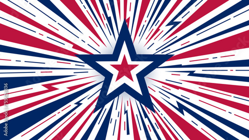 Red blue white background in American flag style. Star in the center. Abstract vector background for patriotic design. Speed lines heading center. Lightning, strokes and arrows on a white background.