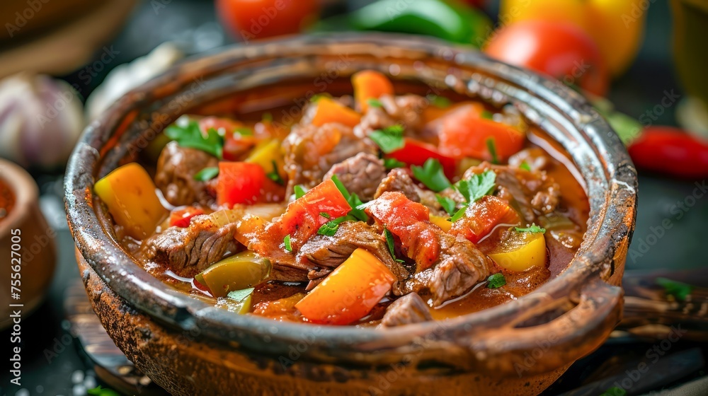 Traditional Beef Stew with Vegetables and Herbs in a Rustic Clay Pot on a Dark Wooden Table, Garnished with Fresh Parsley - Homemade Comfort Food Concept Traditional Beef Stew with Vegetables and Herbs in a Rustic Clay Pot on a Dark Wooden Table, Garnished with Fresh Parsley - Homemade Comfort Food Concept