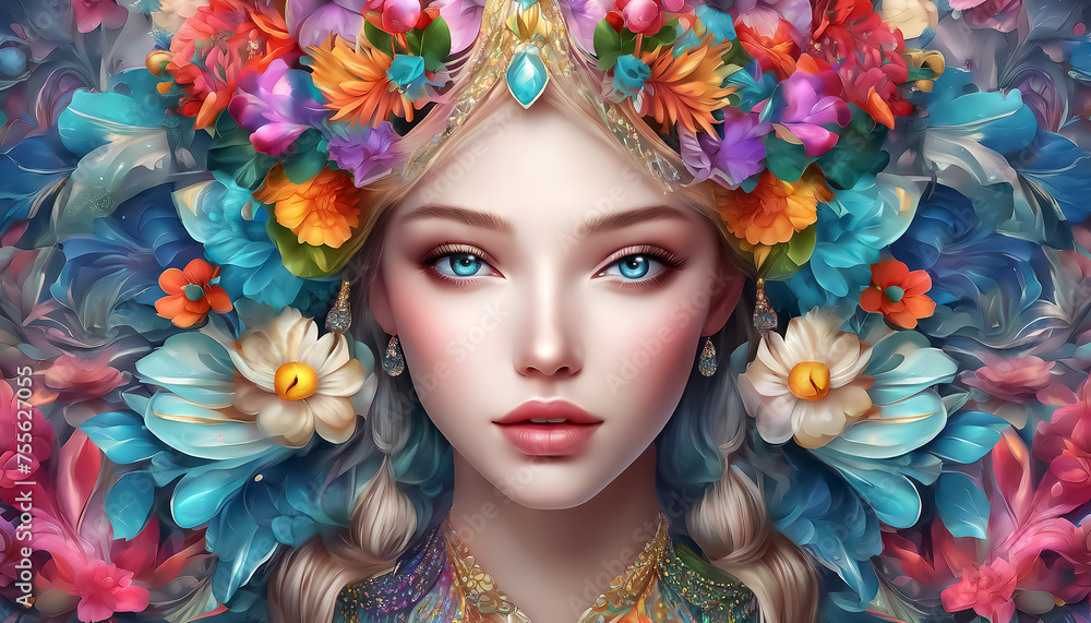 Beautiful young woman in flowers. Portrait of a Caucasian woman. Fantasy collage. Fictional scene Beautiful young woman in flowers. Portrait of a Caucasian woman. Fantasy collage. Fictional scene