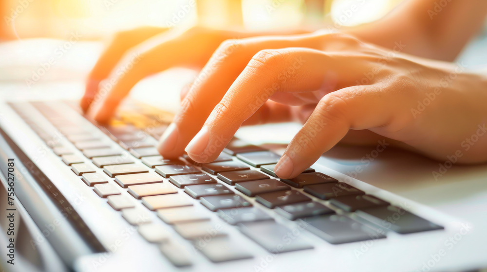 Close up of hands typing on laptop keyboard in office. Blogger, journalist writing new article. Close up of hands typing on laptop keyboard in office. Blogger, journalist writing new article.