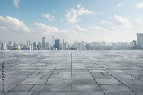 Empty cement floor with cityscape and skyline background (2)