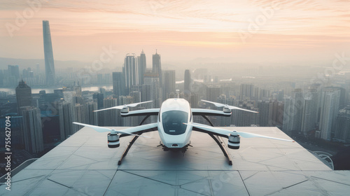 evtol futuristic passenger transport on the roof of a building overlooking the metropolis