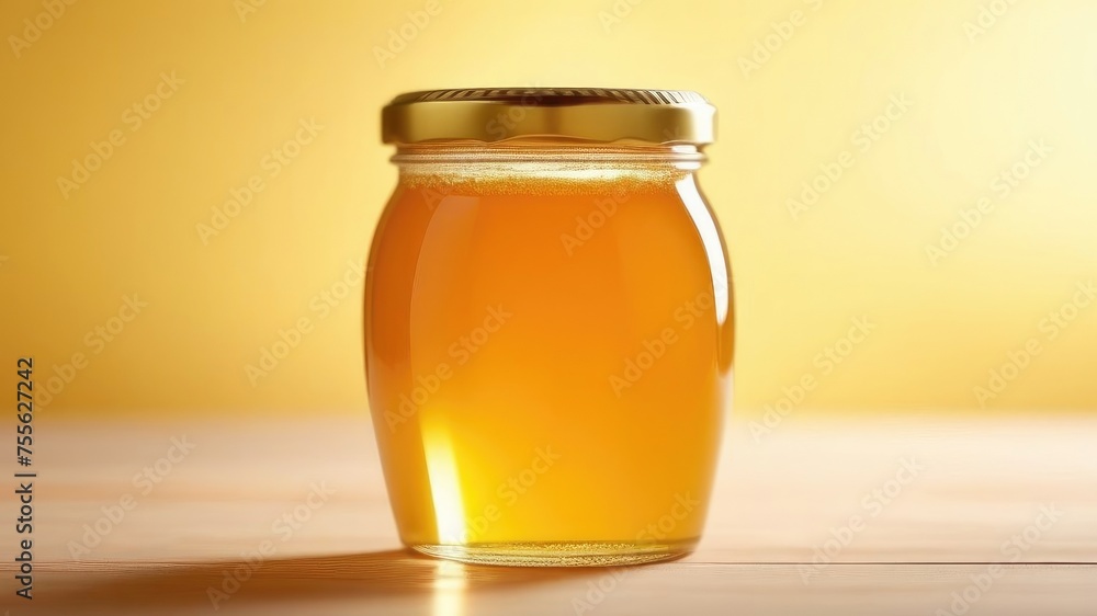 A glass jar with honey on a wooden table against a yellow blurred background. Copy space, place for text, empty space. A glass jar with honey on a wooden table against a yellow blurred background. Copy space, place for text, empty space.