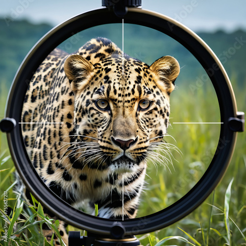 In the Crosshair - Critically Endangered Mammals - Anamur Leopard, created with Generative AI technology photo