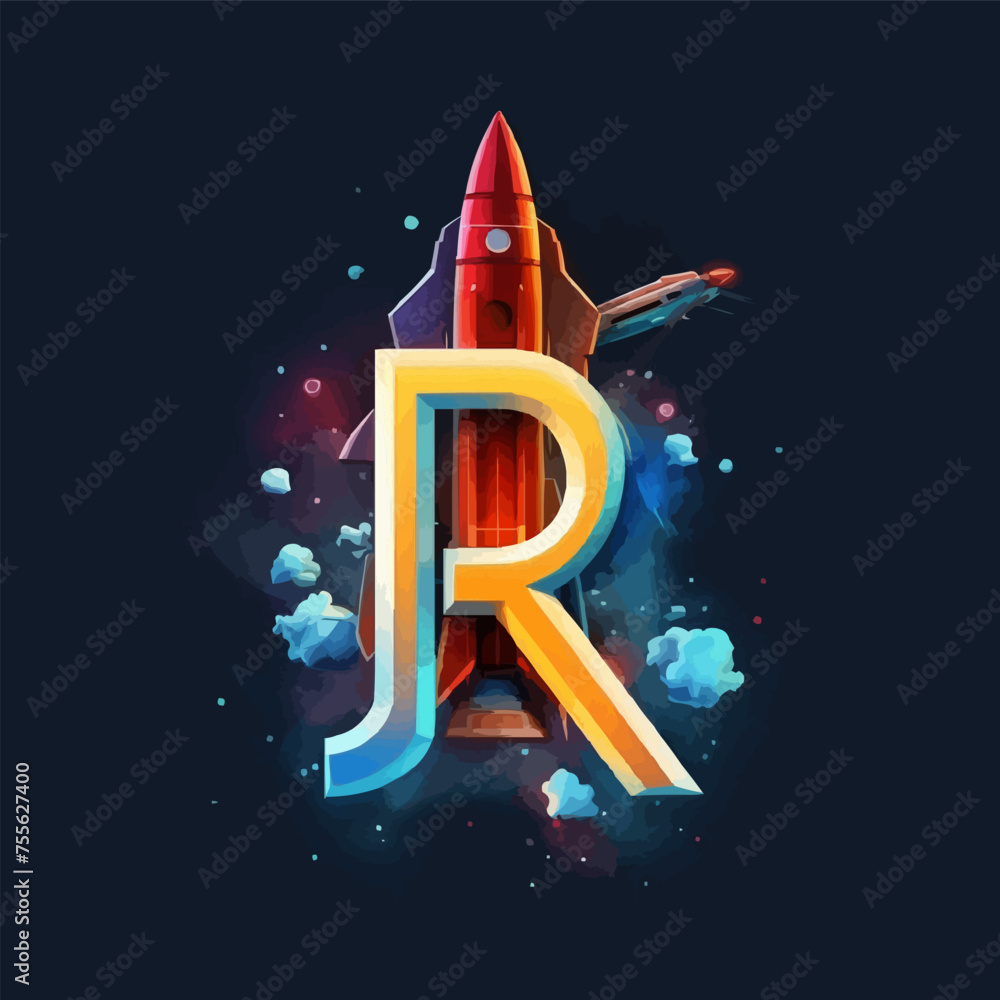 R letter with flying rocket ship silhouette icon. the combination of ...