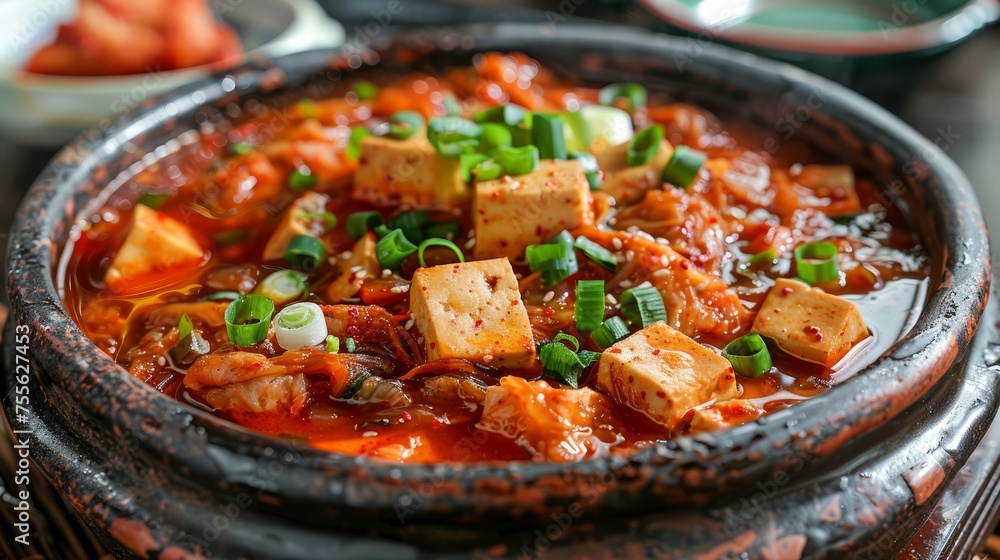 Spicy Tofu Stew in Traditional Stone Bowl, Korean Cuisine, Kimchi Soup with Vegetables and Tofu, Asian Culinary Hot Dish