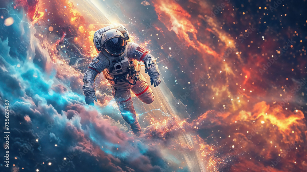 An astronaut floats in space as he is surrounded by a vivid explosion of cosmic dust and stars, depicting a sense of adventure and exploration - obrazy, fototapety, plakaty 