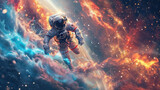 An astronaut floats in space as he is surrounded by a vivid explosion of cosmic dust and stars, depicting a sense of adventure and exploration
