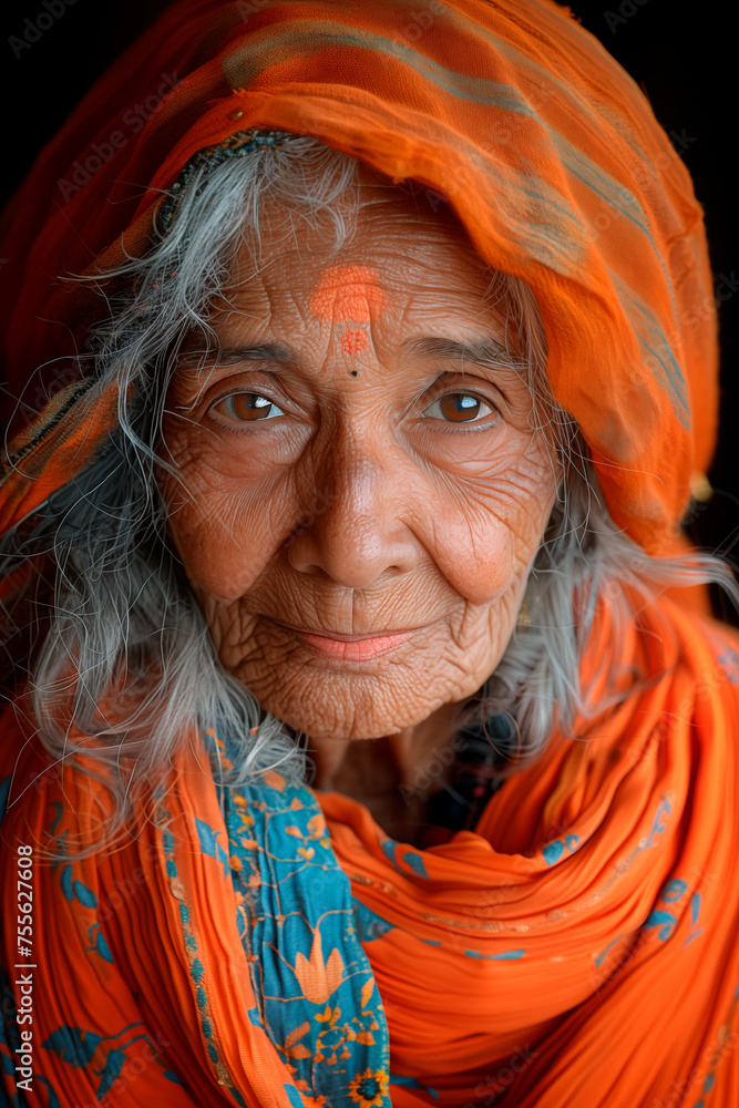 Portrait Photography of an old indian woman medium close with white hair covered with a silk scarf looking at camera Portrait Photography of an old indian woman medium close with white hair covered with a silk scarf looking at camera