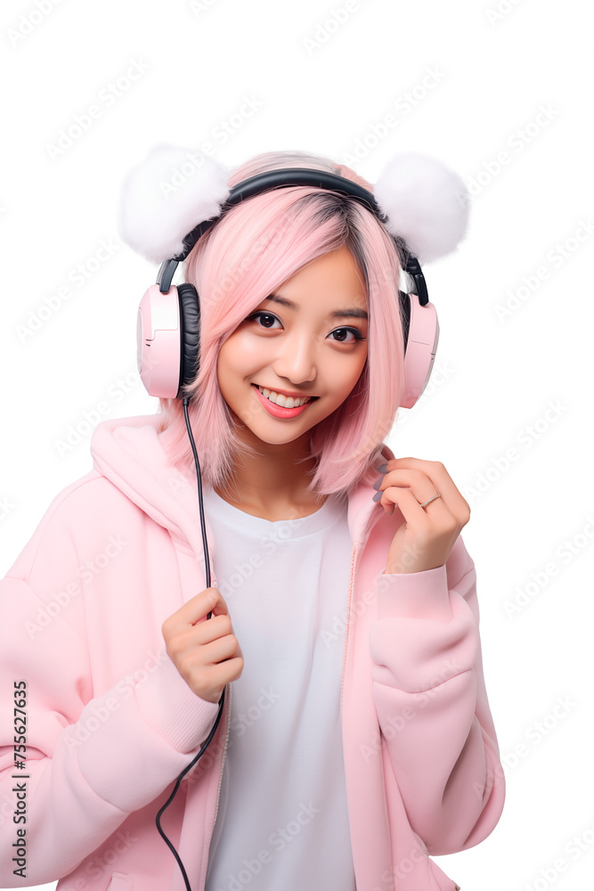 Portrait of a kawaii youtuber asian girl with pink hair and ears on her headphones on a cutout PNG transparent background Portrait of a kawaii youtuber asian girl with pink hair and ears on her headphones on a cutout PNG transparent background