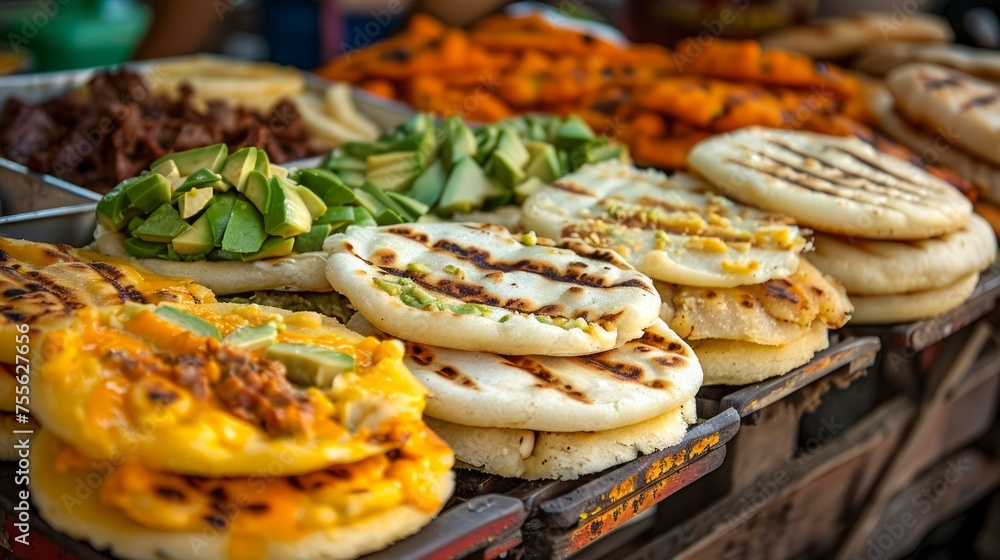 Assortment of Grilled Street Foods with Fresh Ingredients Displayed on a Market Stall