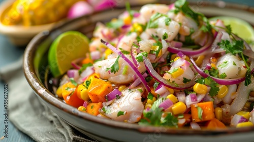 Fresh Shrimp Ceviche with Lime, Corn, Red Onion, Cilantro and Sweet Potato in Rustic Bowl on Wooden Table