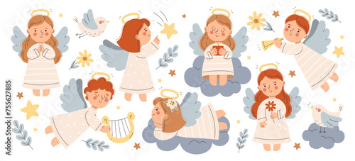 Cute little angels with gold nimbus and wings in white dress holy kid character flying, floating