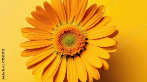One yellow calendula flower on a yellow monochrome background. View from above,