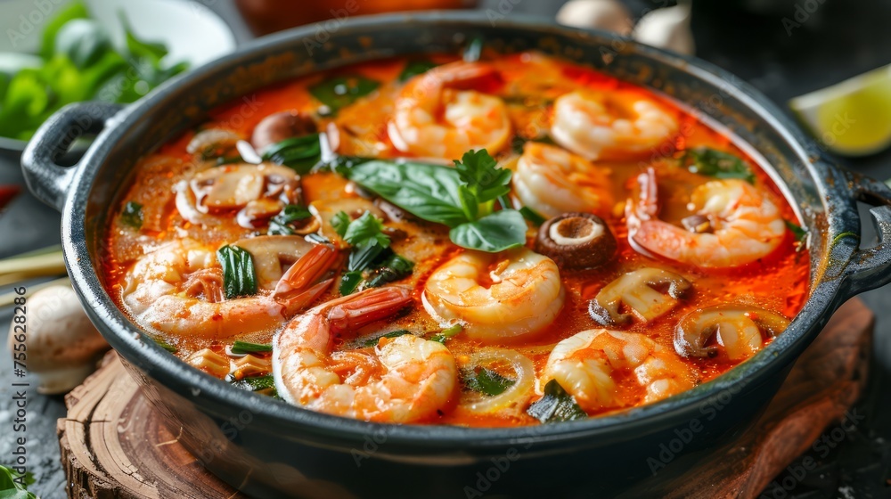 Delicious Spicy Seafood Stew with Shrimp and Squid in a Rustic Bowl on Wooden Background with Fresh Herbs Delicious Spicy Seafood Stew with Shrimp and Squid in a Rustic Bowl on Wooden Background with Fresh Herbs