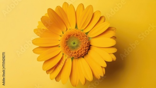 One yellow calendula flower on a yellow monochrome background. Copy space, place for text, empty space. View from above. marigold flower
