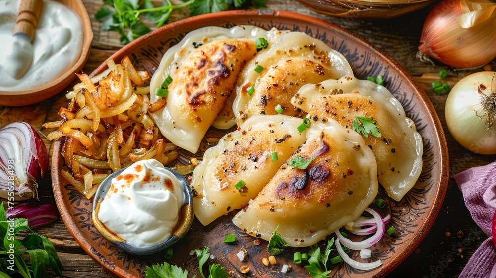 Traditional Polish Dish Pierogi Dumplings with Bacon, Onions, and Sour Cream on Wooden Table