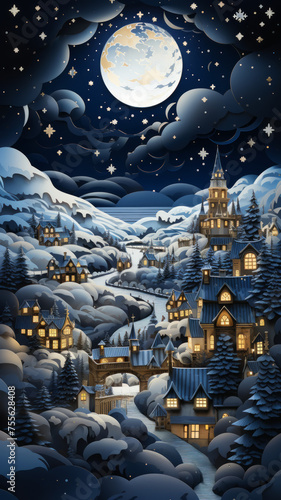 Snowy night in paper art town, paper art depiction of winter scenery