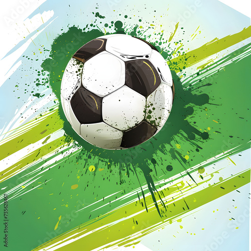 illustration of a soccer ball on a background of colored splashes of spots and stripes in a flat style  colorful background